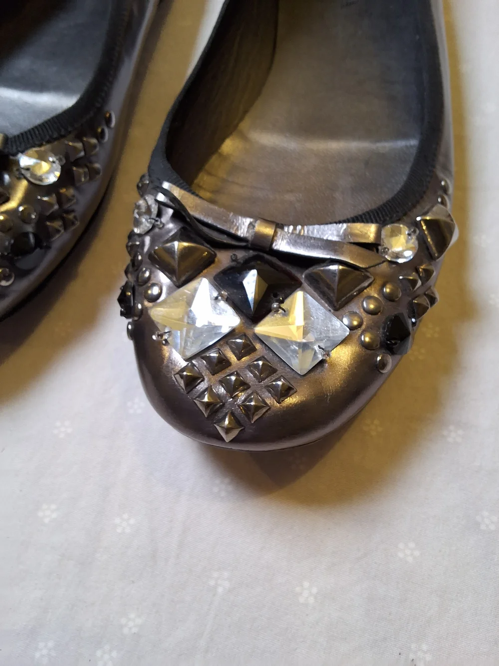 Prada Black Embellished Leather Ballet Flats with Crystal Accents